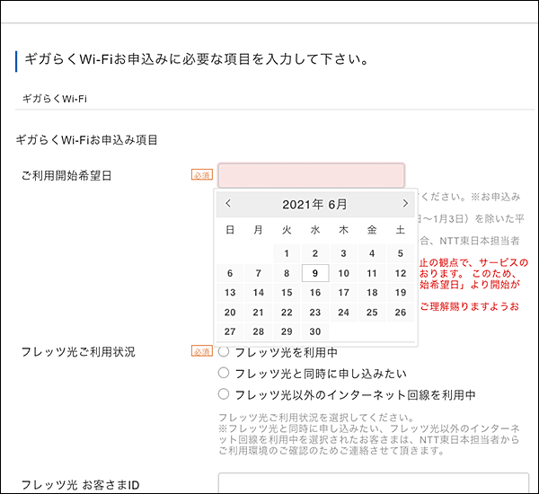 利用開始希望日入力部分（カレンダ表示）